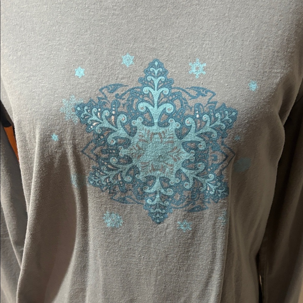 Gray Long Sleeve Shirt with Blue Snowflake Design
